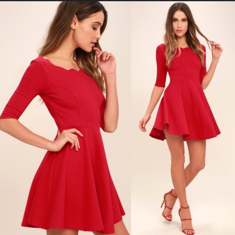 Lulus Tip The Scallops Red Dress Skater Fit Flare Women’s XS New Years Holiday